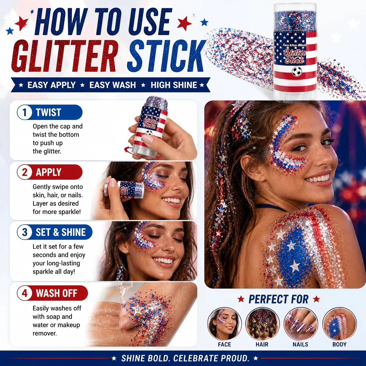 🦅4th of July/Soccer Fan Glitter Stick✨🔔Red, White & Blue Body & Hair Sparkle🚝Free Shipping
